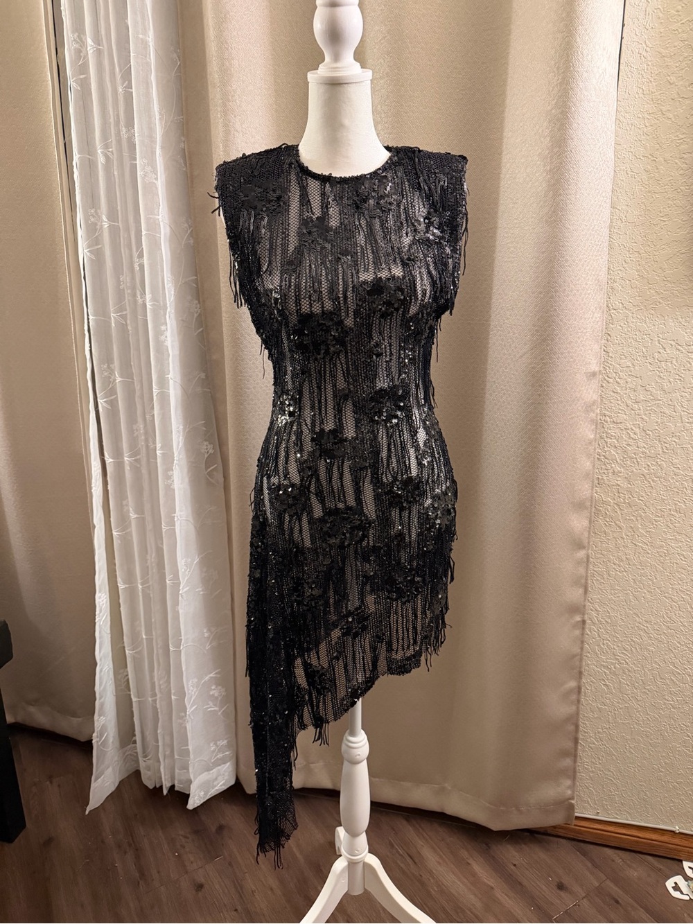Zara Black Asymmetric Sequin Fringe Dress